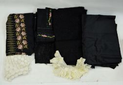 Large length of black satin, 7m x 54", a length of black wool, one edge embroidered with jet