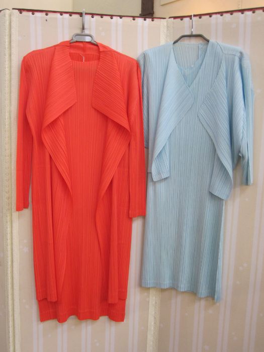 Selection of Issey Miyake Pleats Please -  orange dress with matching jacket,  turquoise dress