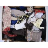 Assorted vintage scarves, hats embroidered, vintage material, pinafores, etc (1 box)