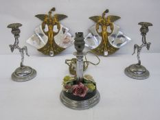 Pair Art Deco white metal candlesticks, each with foliate sconce supported by nude female figure