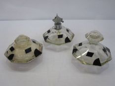 Art Deco black and clear glass and chrome dressing table set of three pieces, octagonal and panel