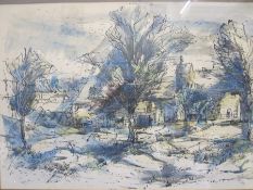 Henry Trivick (1908-1982) Pen, ink and wash drawing Buildings with trees in foreground, signed lower