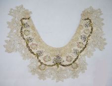 Victorian lace and embroidered collar, the embroidery showing bunches of flowers and ribbons, ???