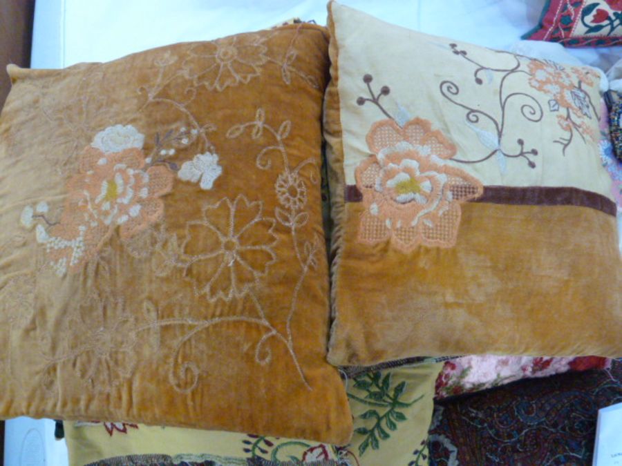 Vintage fabric and cushions to include a large piece of yellow cotton machine embroidered with red - Image 2 of 3
