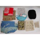 Assorted scarves, a Persian lamb muff, two pieces of embroidered hessian, a pincushion and vintage