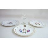 Three WAAF reunion commemorative plates, a clear glass wine and a quantity of domestic textiles to