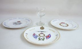 Three WAAF reunion commemorative plates, a clear glass wine and a quantity of domestic textiles to