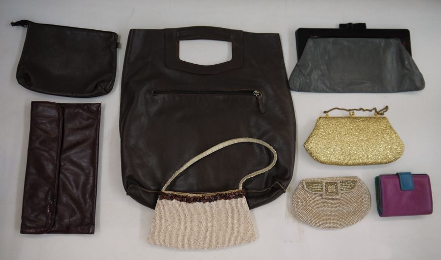 Assorted vintage bags and scarves to include grey cashmere, etc (1 box)