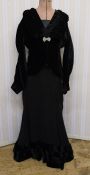 1920's black satin dress with velvet detail to the hem and a black velvet jacket with ruched shawl