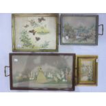 Two embroidered panelled two-handled trays, an embroidered picture of a garden and a print on silk