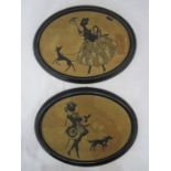Pair of oval silhouette embroidered pictures depicting male and female figures walking a dog, 16.5cm