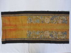 Chinese embroidered silk panel, the orange ground with peking knot floral embroidery, black borders,