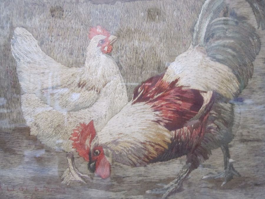 19th century embroidery of a cockerel with chicken, signed indistinctly lower left, 18cm x 23cm - Image 2 of 4