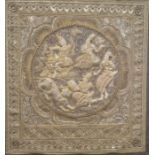Large Eastern embroidered panel, the central roundel with raised seated figures and leopard,