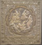 Large Eastern embroidered panel, the central roundel with raised seated figures and leopard,