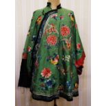 Short Chinese robe embroidered with peonies and butterflies, on a green ground with embroidered