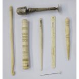 Foreign silver sewing companion, the screwed cap thimble to reveal bobbin holder and needle case,