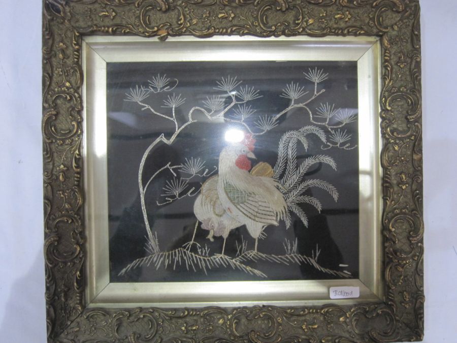 19th century embroidery of a cockerel with chicken, signed indistinctly lower left, 18cm x 23cm - Image 3 of 4