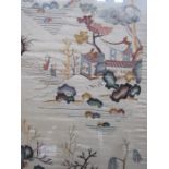 20th century Chinese embroidered silk panel, the beige ground depicting various landscape scenes,