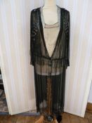 1920's beaded black dress, gold lame bodice with chiffon insert,  beaded train/panel draped from the
