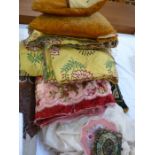 Vintage fabric and cushions to include a large piece of yellow cotton machine embroidered with red
