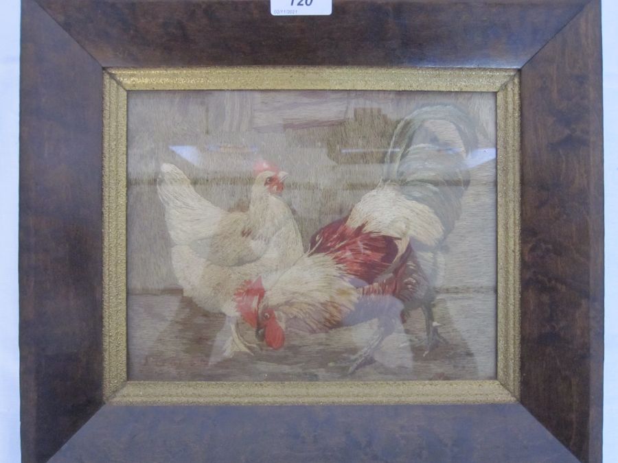 19th century embroidery of a cockerel with chicken, signed indistinctly lower left, 18cm x 23cm