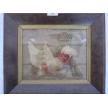 19th century embroidery of a cockerel with chicken, signed indistinctly lower left, 18cm x 23cm