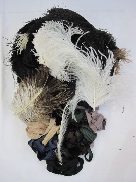 Assorted ostrich feather plumes and a quantity of brushing hems for the skirts of Victorian