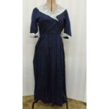 Vintage Laura Ashley blue cotton dress with lace collar and lace cuffs to three-quarter sleeves,