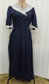 Vintage Laura Ashley blue cotton dress with lace collar and lace cuffs to three-quarter sleeves,