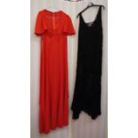 Selection of vintage and later dresses, a pleated coffee-coloured full-length evening dress with