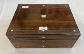 19th century mother of pearl inlaid sewing box, containing various sewing items, buttons, threads,