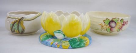 Clarice Cliff pottery bowl moulded as a waterlily, 13cm high, a Clarice Cliff pottery bowl, leaf