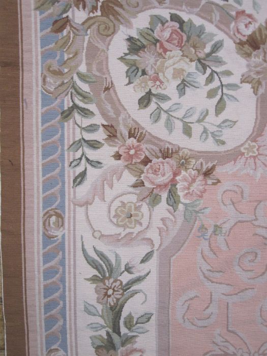 Large modern machine needlepoint carpet/rug, mainly pinks, pale blues, patterned with roses, - Image 6 of 8