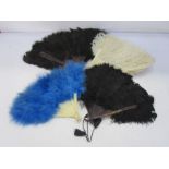 Tortoiseshell and ostrich feather fan, a faux tortoiseshell and feather fan, a plastic and blue