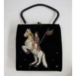 Vintage Jolles black velvet bag embroidered with a rider on leaping horse (possibly the Spanish