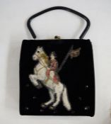 Vintage Jolles black velvet bag embroidered with a rider on leaping horse (possibly the Spanish