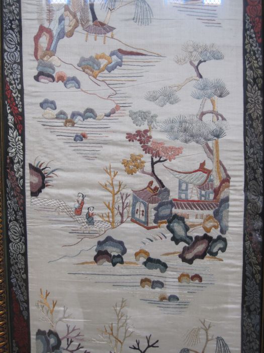 20th century Chinese embroidered silk panel, the beige ground depicting various landscape scenes, - Image 4 of 4