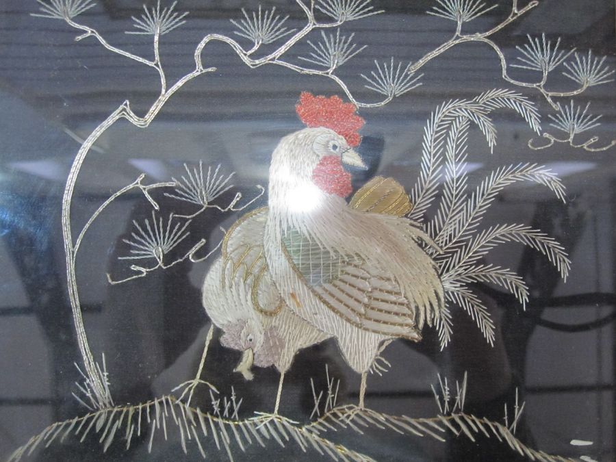 19th century embroidery of a cockerel with chicken, signed indistinctly lower left, 18cm x 23cm - Image 4 of 4