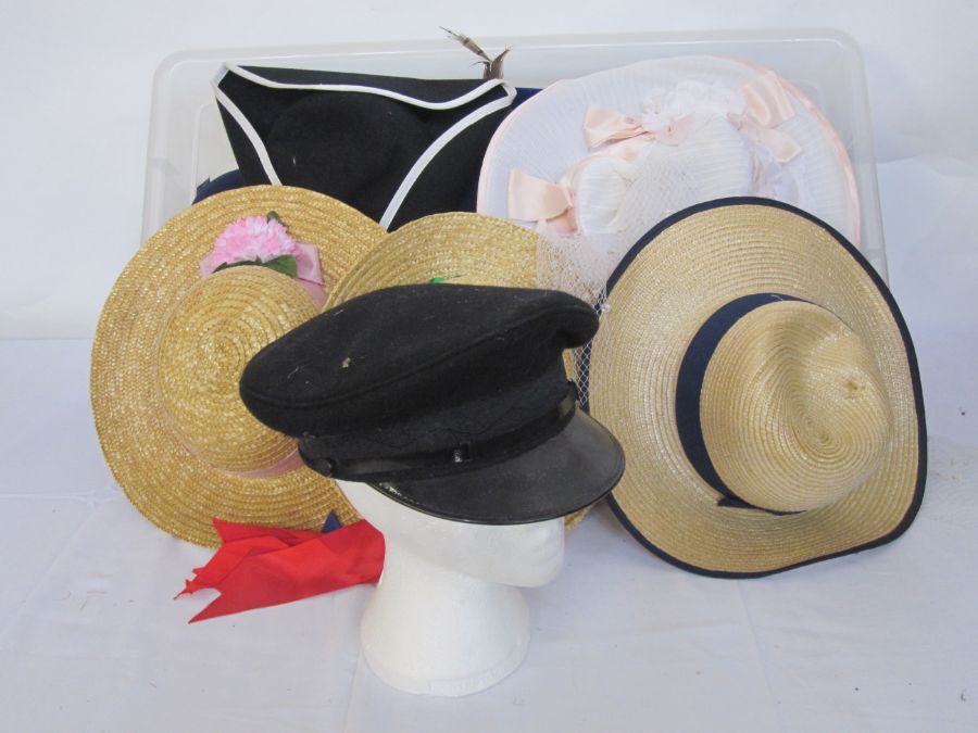 Assorted hats, vintage and theatrical and a box of various wigs (3 boxes)