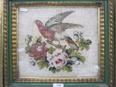 Early 20th century tapestry of bird amongst roses, 24cm x 28cm