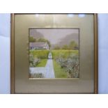 Painted embroidery depicting a cottage garden, painted background with embroidered flowers,