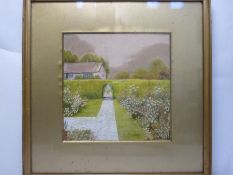 Painted embroidery depicting a cottage garden, painted background with embroidered flowers,