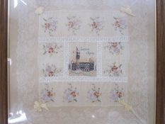 Framed embroidered souvenir handkerchief 'Souvenir  D'Raras(?)', depicting embroidered cathedral