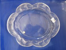 Lalique satin and clear glass oval dish, the six-lobed border embossed with leaping fish, 27cm wide