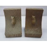 Pair Robert Thompson Mouseman oak bookends, each curved and carved with single mouse, 15cm high (2)