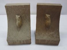 Pair Robert Thompson Mouseman oak bookends, each curved and carved with single mouse, 15cm high (2)