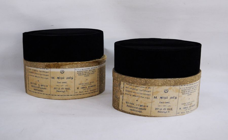 Two Chinese velvet hats lined with silk, in original Chinese boxes with original labels (2)