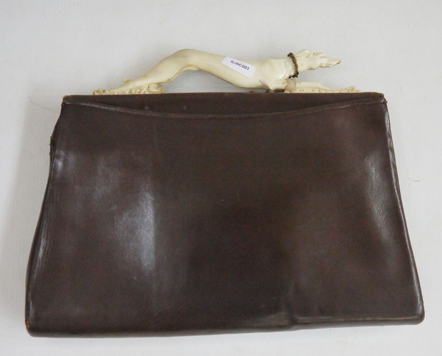 Brown leather vintage bag, the fixed bakelite handle formed as a running greyhound, the bakelite - Image 2 of 10