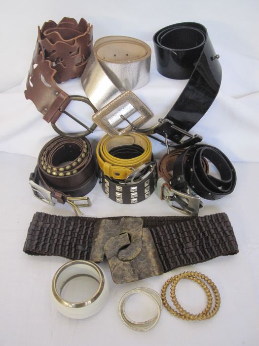 Assorted belts and a Bally enamel and metal bracelet (1 box)